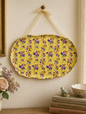 Vintage Yellow Chintz Floral Wall Plate with Ribbon Hanger
